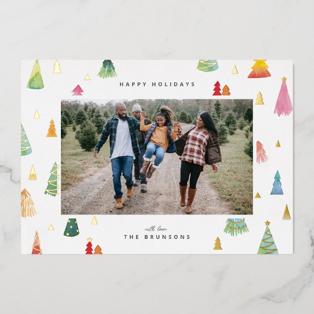 Watercolor Colourful Christmas Trees Foil Holiday Card (Front)