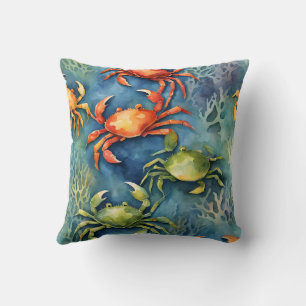 Watercolor Colourful Crabs & Sea Coral Coastal Cushion