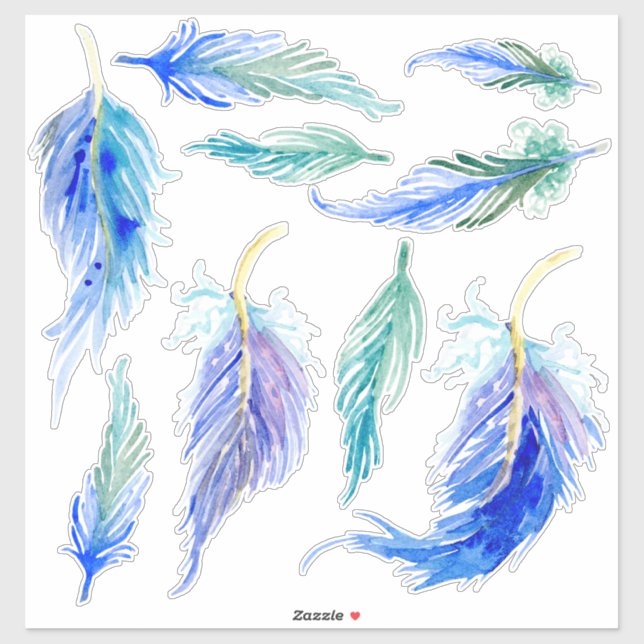Watercolor Colourful Feather Aqua Blue Purple Gree (Sheet)
