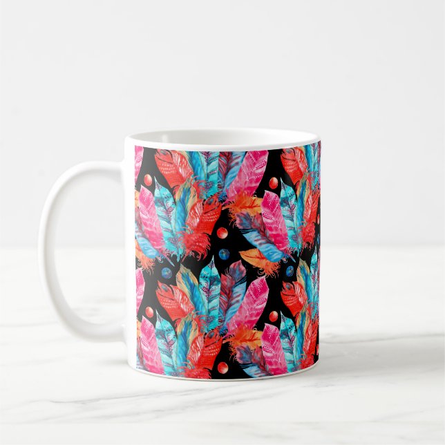 Watercolor colourful feathers pattern coffee mug (Left)