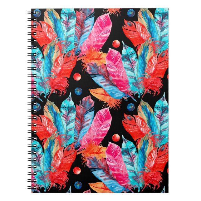 Watercolor colourful feathers pattern notebook (Front)