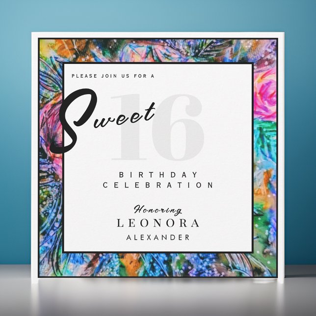 Watercolor Colourful Flowers Sweet Sixteen 16 Part Invitation (Creator Uploaded)