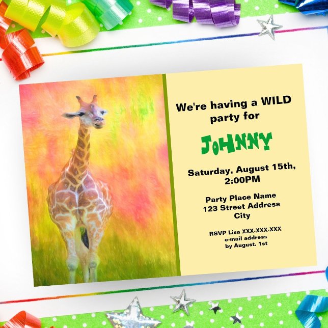 Watercolor Colourful Giraffe Birthday Invitation (Sweet invitation for some wild fun! )