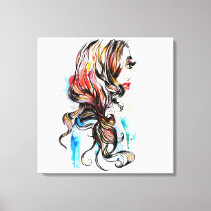 Watercolor colourful hairstyling wavy hair makeup canvas print