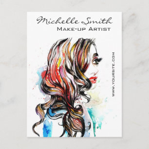 Watercolor colourful hairstyling wavy hair makeup postcard
