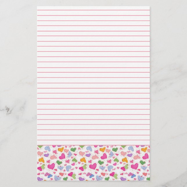 Watercolor Colourful Hearts Pink Pastel Lined Stationery (Front)