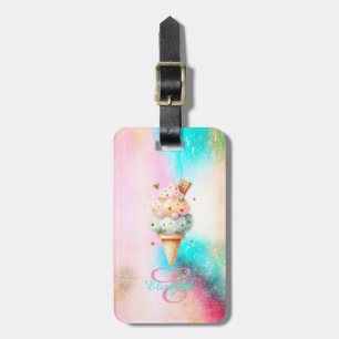 Watercolor Colourful Ice Cream Cone Monogram Luggage Tag