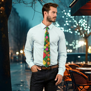 Watercolor Colourful Mosaic Chequered Tie