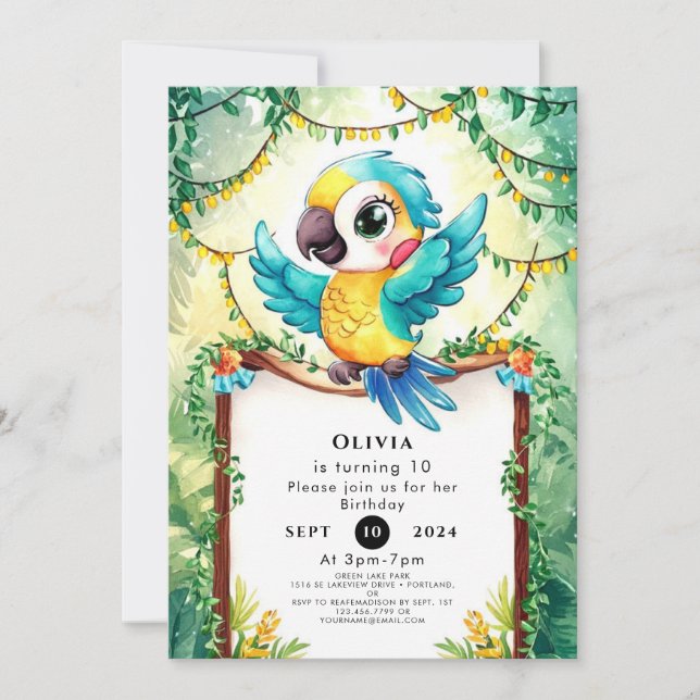 Watercolor Colourful Parrot Birthday Invitation (Front)