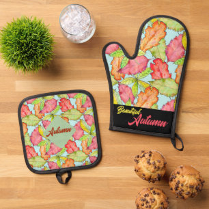 Watercolor Colourful Pattern Beautiful Faii Leaves Oven Mitt & Pot Holder Set