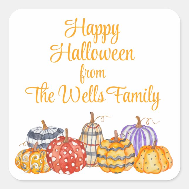 Watercolor Colourful Patterned Pumpkins Square Sticker (Front)