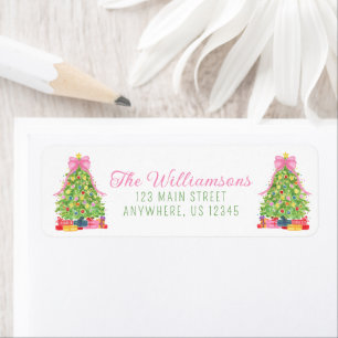 Watercolor Colourful Pink Bow Christmas Tree Return Address Label