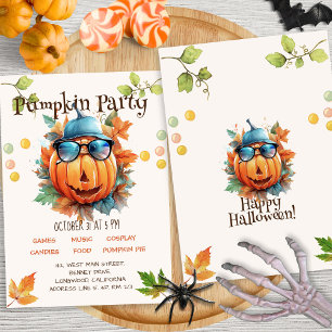 Watercolor Colourful Pumpkin Kids Halloween Party Invitation