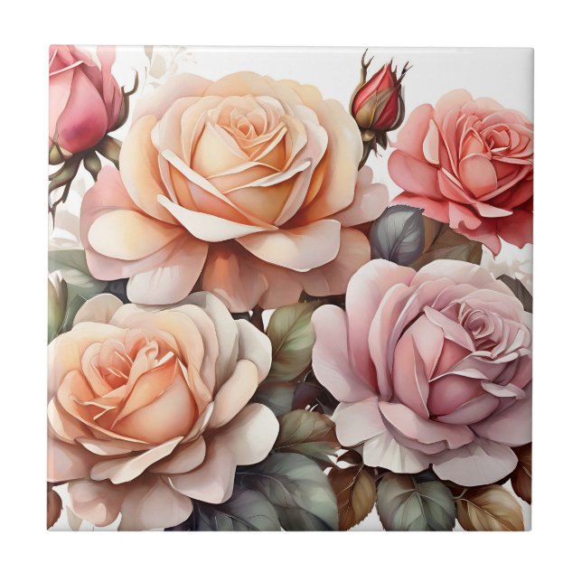 Watercolor Colourful Rose Flowers Ceramic Tile (Front)