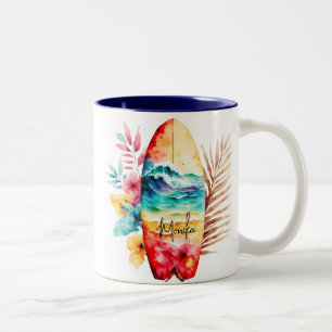 Watercolor Colourful Surfboard in the Ocean Wave Two-Tone Coffee Mug