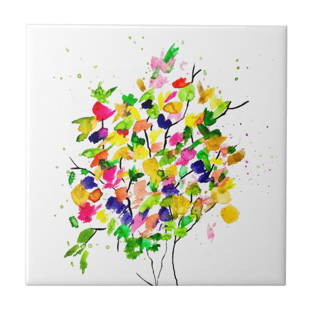 Watercolor colourful tree ceramic tile (Front)