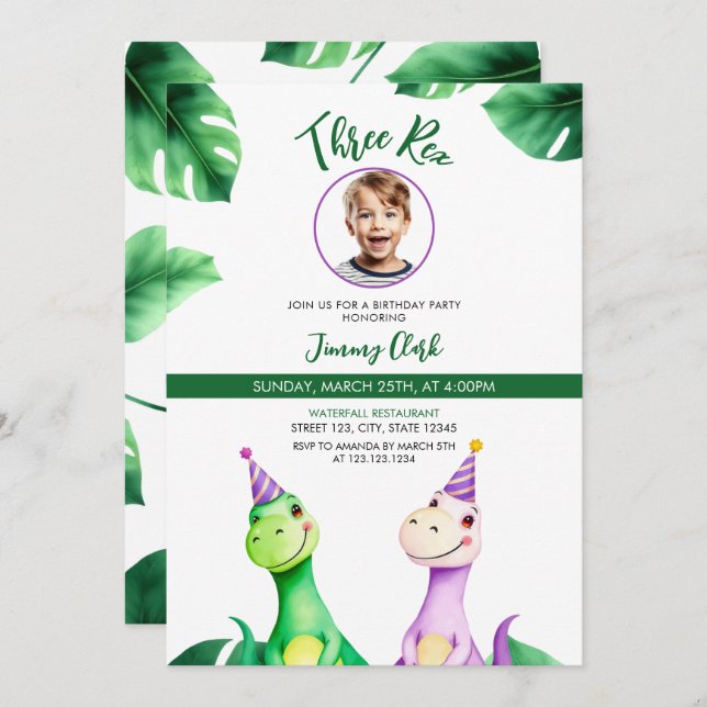 Watercolor Colourful Trex Kids Photo Birthday Invitation (Front/Back)