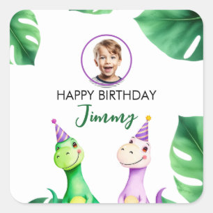 Watercolor Colourful Trex Kids Photo Birthday Square Sticker