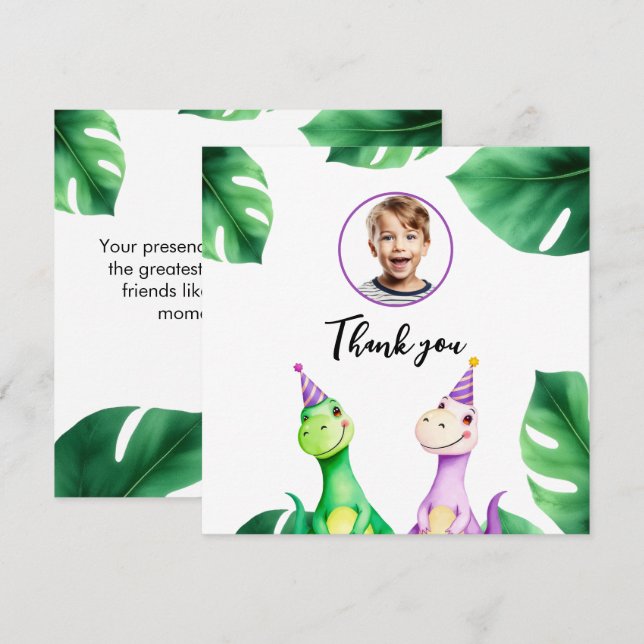 Watercolor Colourful Trex Kids Photo Birthday Thank You Card (Front/Back)
