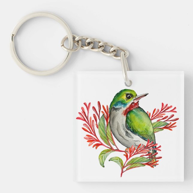 Watercolor colourful tropical bird key ring (Front)