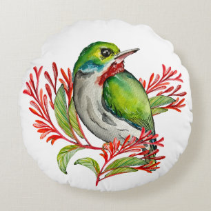 Watercolor colourful tropical bird round cushion