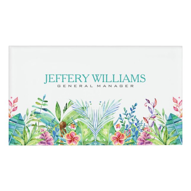 Watercolor Colourful Tropical Flowers Name Tag (Front)