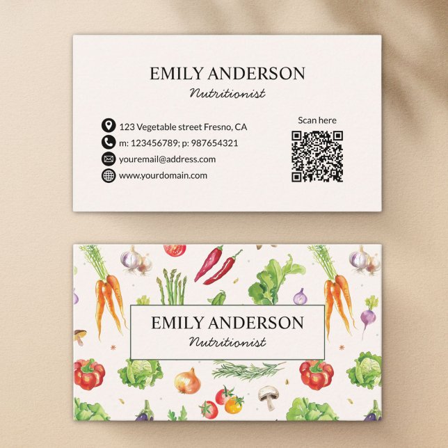 Watercolor Colourful Vegetable Pattern QR Code Business Card (Creator Uploaded)