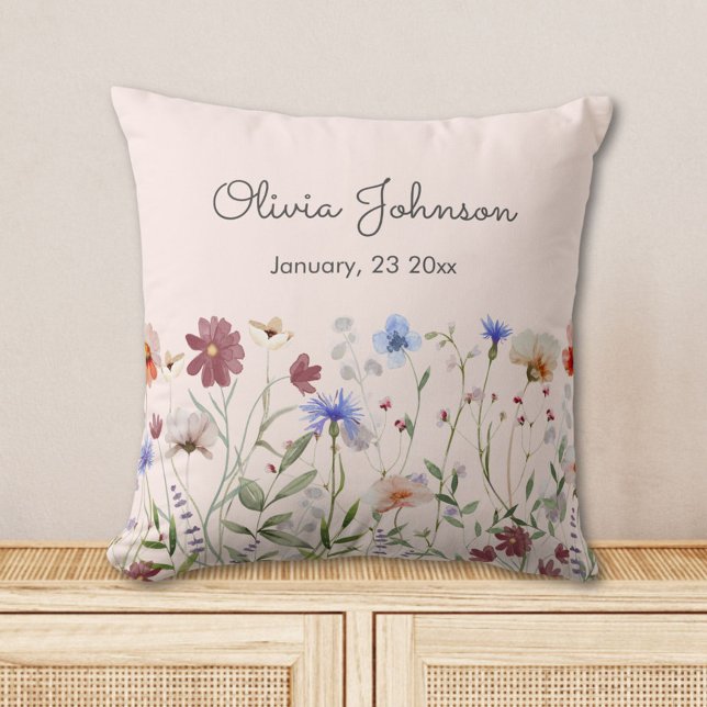 Watercolor Colourful Wildflower Baby Birth Keepsak Cushion (In situ)