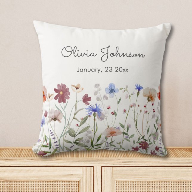 Watercolor Colourful Wildflower Baby Birth Keepsak Cushion (In situ)