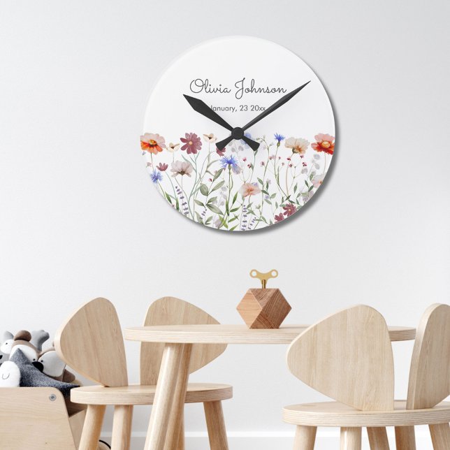 Watercolor Colourful Wildflower Baby Birth Keepsak Round Clock (In situ)