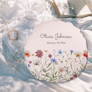 Watercolor Colourful Wildflower Baby Birth Keepsak Round Cushion