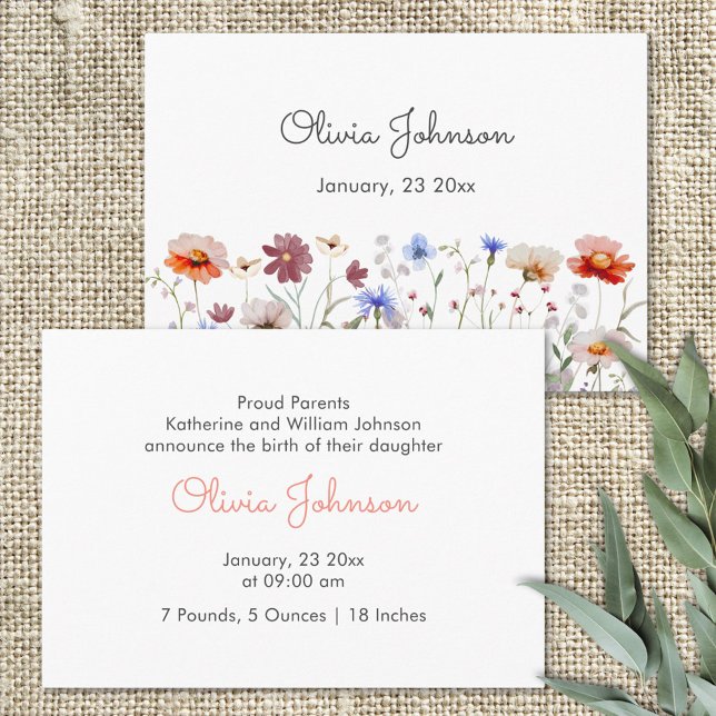 Watercolor Colourful Wildflower Baby Girl Birth Announcement (Close up)