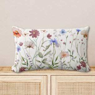 Watercolor Colourful Wildflower Meadow Lumbar Cushion
