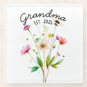 Watercolor Colourful Wildflowers First Time Grandm Glass Coaster