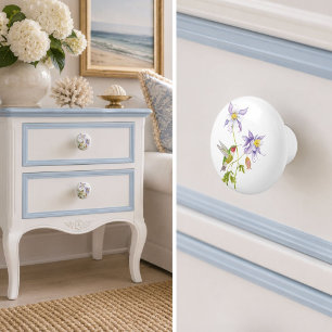 Watercolor Columbine with Hummingbird Ceramic Knob
