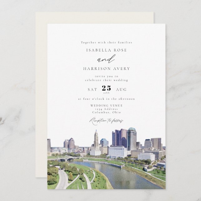 Watercolor Columbus Ohio Skyline Painting Wedding Invitation (Front/Back)
