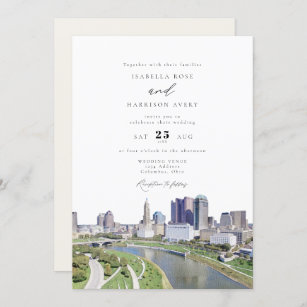 Watercolor Columbus Ohio Skyline Painting Wedding Invitation