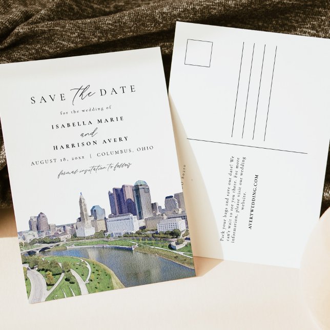 Watercolor Columbus Ohio Skyline Save the Date Postcard (Creator Uploaded)
