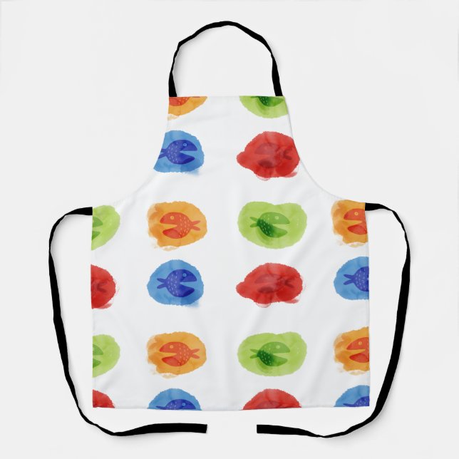 Watercolor Comic Cartoon Fish All-Over Print Apron (Front)