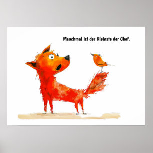 Watercolor Comic Dog and Bird on Tail Poster