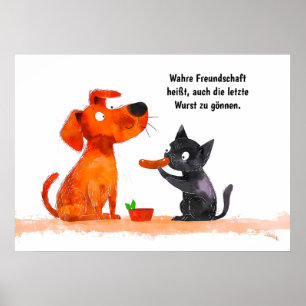Watercolor Comic Dog and Cat Side by Side Poster