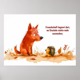 Watercolor Comic Dog and Hedgehog Encounter Poster