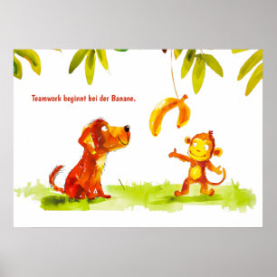 Watercolor Comic Dog and Monkey Want Banana Poster