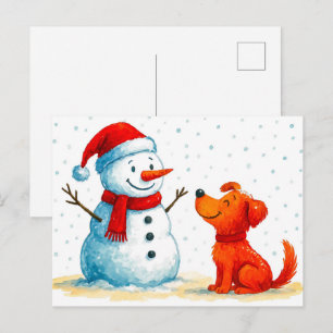 Watercolor Comic Dog with Snowman in Winter Holiday Postcard