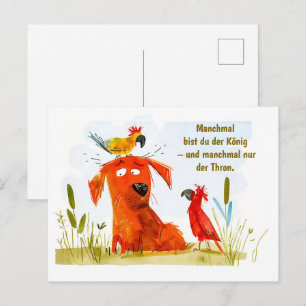 Watercolor Comic Dog with Two Parrots Holiday Postcard