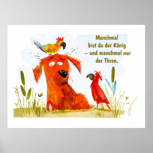 Watercolor Comic Dog with Two Parrots Poster