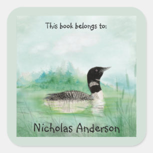 Watercolor Common Loon Bird Nature Art Bookplate Square Sticker