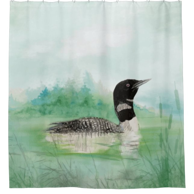 Watercolor Common Loon Bird Nature Art Shower Curtain (Front)