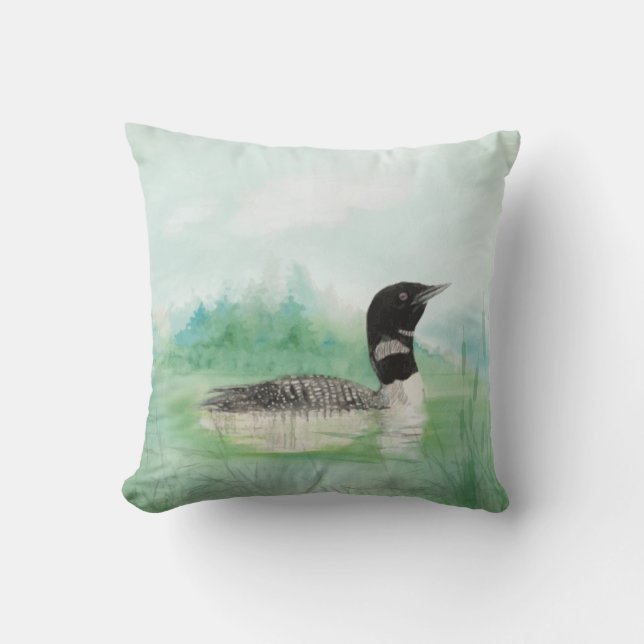 Watercolor Common Loon Wilderness Bird  Painting Cushion (Front)
