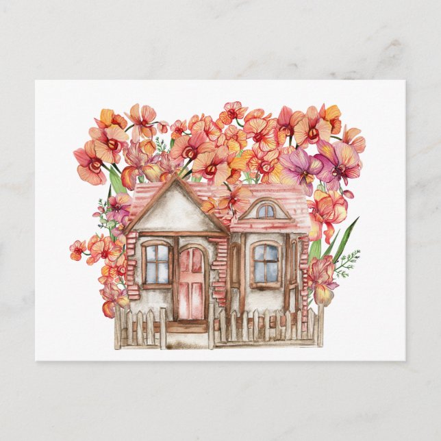 Watercolor composition of an old wooden farm house postcard (Front)